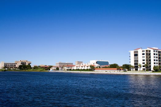 Condominiums, offices and government buildings line the waterfront downtown area of the City of Pensacola, Florida.