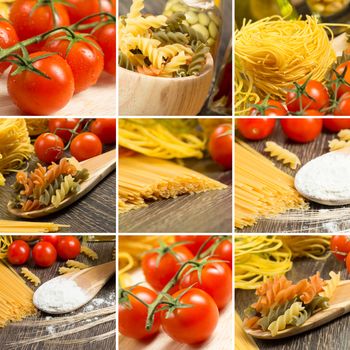 pasta and cherry tomatoes, collage from several images