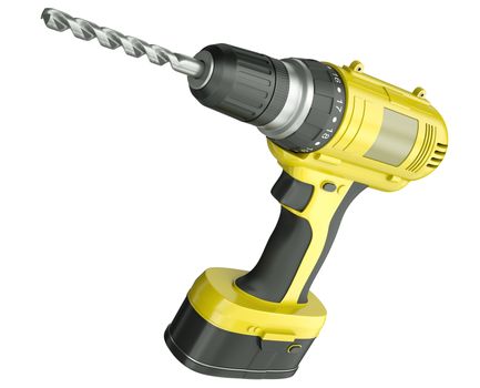 Yellow cordless drill isolated on a white background. 3D render