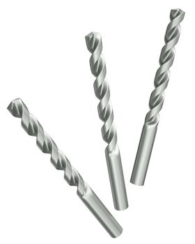 Three drill bits isolated on a white background. 3D render.