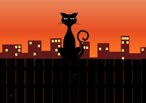 Illustration of a cat sitting on a fence with  houses behind