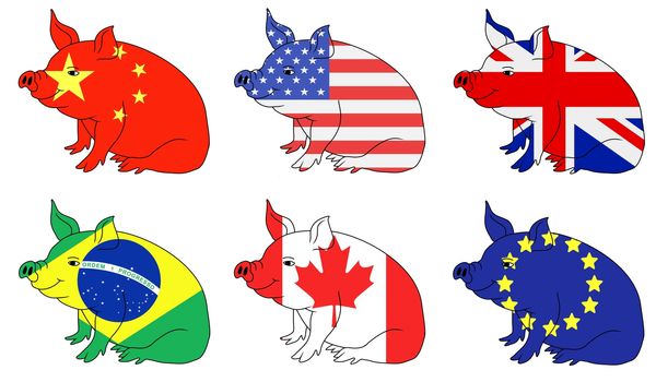 Illustration of six pig with flag textures from Pork producing countries