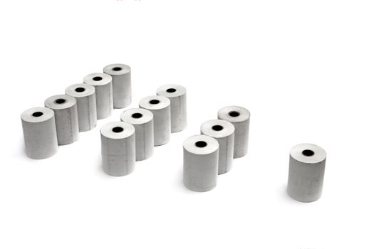 Groups of paper rolls for thermal printers and cash registers isolated over white background