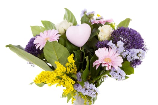 Bouquet of purple and pink flowers over white background
