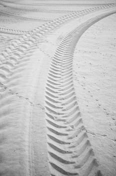 Many curved tyre track printed on  sandy soil