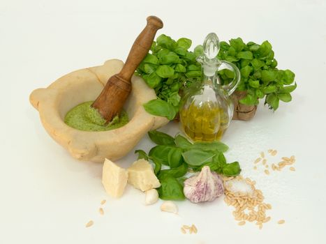 ingredients of the pesto along with marble mortar and pestle