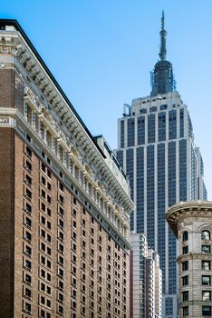 Impressive Manhatten buildings as seen from upwards from the streets