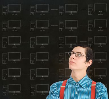 Nerd geek businessman, student or teacher with chalk computer network on blackboard background