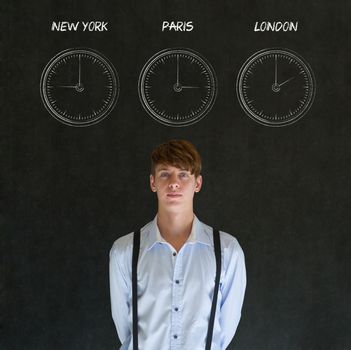 Businessman with New York, Paris and London chalk time zone clocks on blackboard background