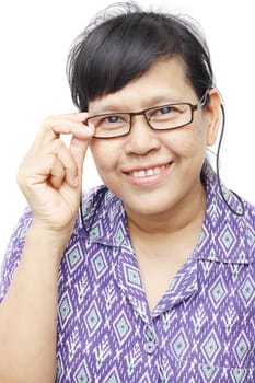 portrait of smiling senior asian woman wearing glasses and holding the frame