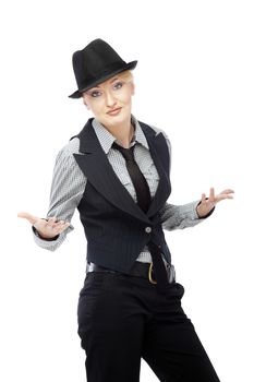 Lady in stylish business clothes gesturing by hands