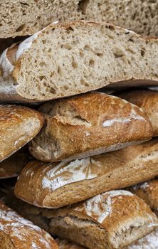 Close-up image of a stack of fresh French campaign breads