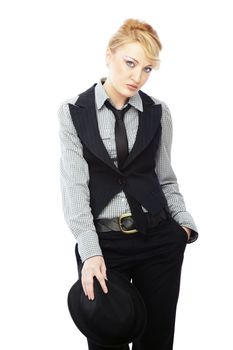 Pretty blond in stylish business clothes holding black hat