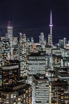 Full view of downtown Toronto at night with glamour lights