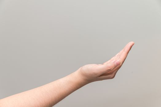 Human hand with open palm ready to recieve on light gray background