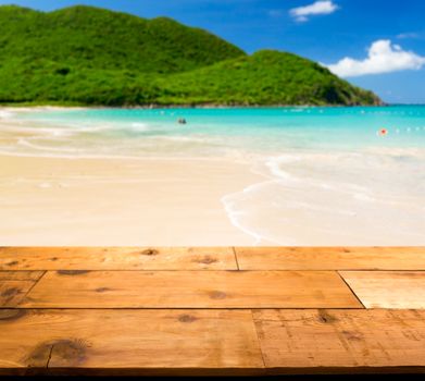 Wooden decking or picnic table on Anse Marcel beach on St Martin in Caribbean in idyllic dreamlike location