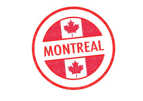 Passport-style MONTREAL rubber stamp over a white background.