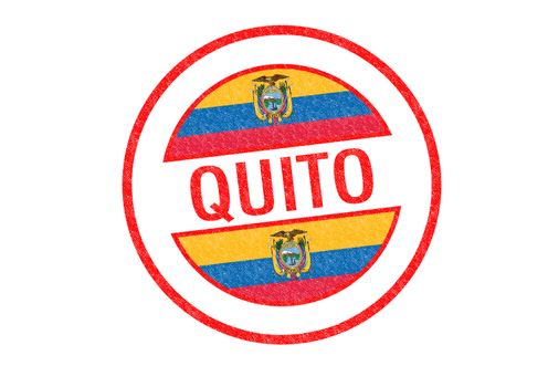 Passport-style QUITO rubber stamp over a white background.