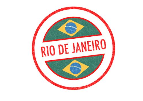 Passport-style RIO DE JANEIRO rubber stamp over a white background.