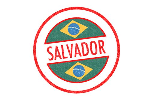 Passport-style SALVADOR rubber stamp over a white background.