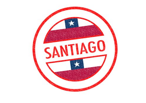 Passport-style SANTIAGO rubber stamp over a white background.