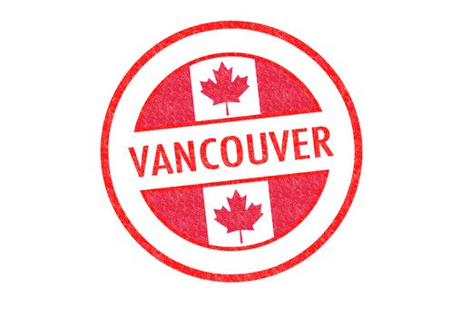 Passport-style VANCOUVER rubber stamp over a white background.