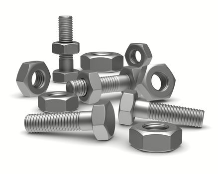 Bolts and nuts on white background. Isolated 3D image