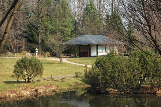 Japanese garden with tea room in early spring