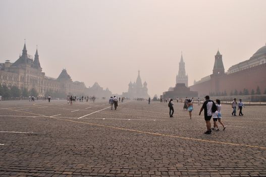 View of Red Square in Moscow with strong smog, due to raging forest fires, August 2010