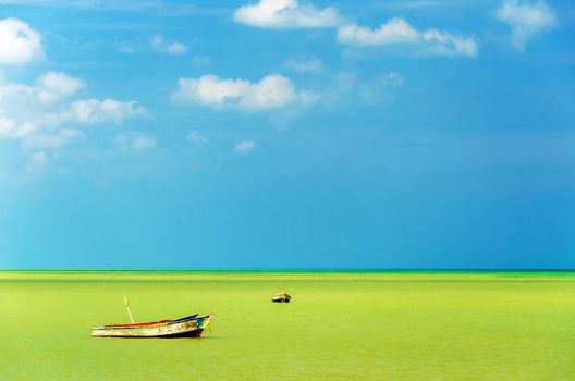 Two boats off the coast in a green sea with a beautiful blue sky