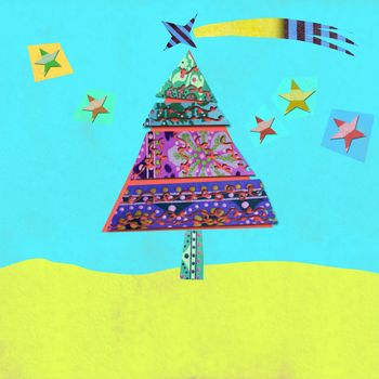 Christmas greeting card, cheerful landscape with Christmas tree and stars made ​​with cuts
