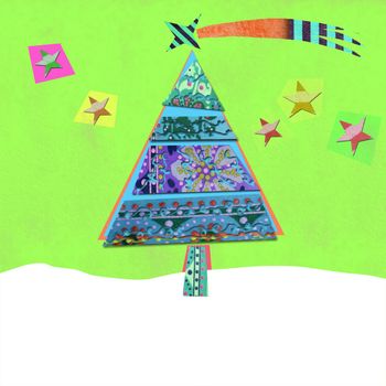 Christmas greeting card, cheerful landscape with Christmas tree and stars 