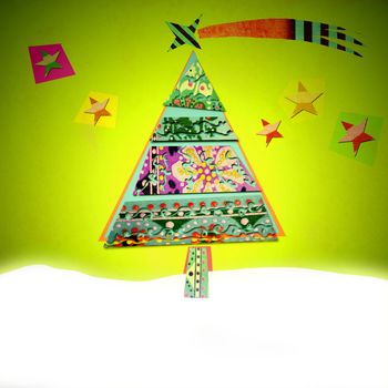 Christmas greeting card with blank, cheerful Christmas tree made with cuts
