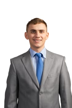 Portrait of a young businessman smiling and looking at the camera, isolated on white background