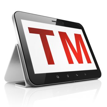 Law concept: black tablet pc computer with Trademark icon on display. Modern portable touch pad on White background, 3d render