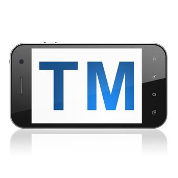Law concept: smartphone with Trademark icon on display. Mobile smart phone on White background, cell phone 3d render