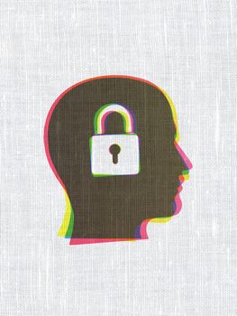 Business concept: CMYK Head With Padlock on linen fabric texture background, 3d render