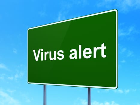 Security concept: Virus Alert on green road (highway) sign, clear blue sky background, 3d render