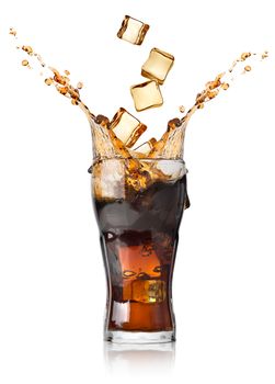 Cola with ice cubes isolated on white