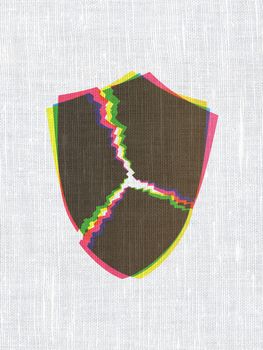 Safety concept: CMYK Broken Shield on linen fabric texture background, 3d render