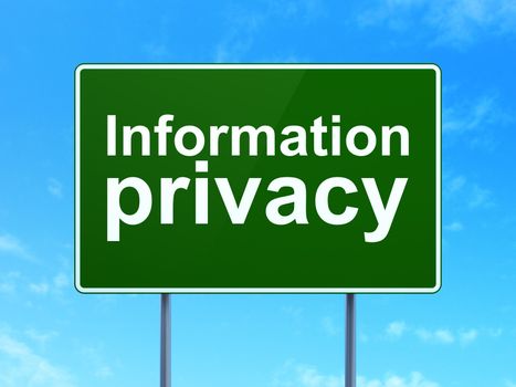 Safety concept: Information Privacy on green road (highway) sign, clear blue sky background, 3d render