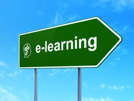 Education concept: E-learning and Head With Gears icon on green road (highway) sign, clear blue sky background, 3d render