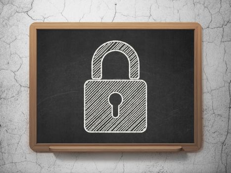 Information concept: Closed Padlock icon on Black chalkboard on grunge wall background, 3d render
