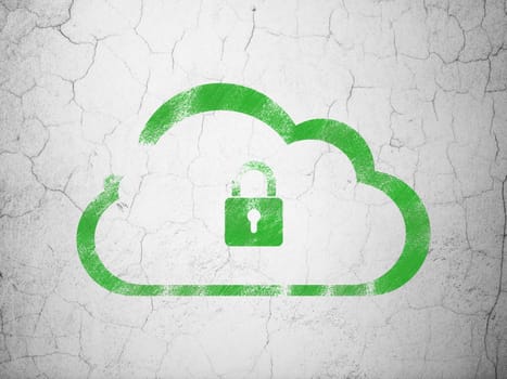 Cloud networking concept: Green Cloud With Padlock on textured concrete wall background, 3d render