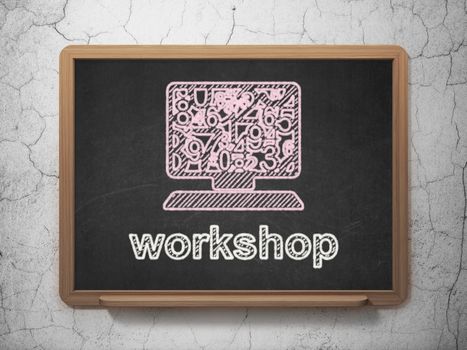 Education concept: Computer Pc icon and text Workshop on Black chalkboard on grunge wall background, 3d render