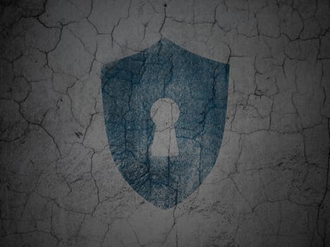 Privacy concept: Blue Shield With Keyhole on grunge textured concrete wall background, 3d render