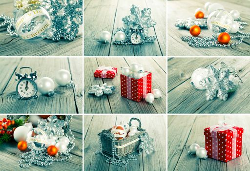 Collage of christmas photos over grey wood background