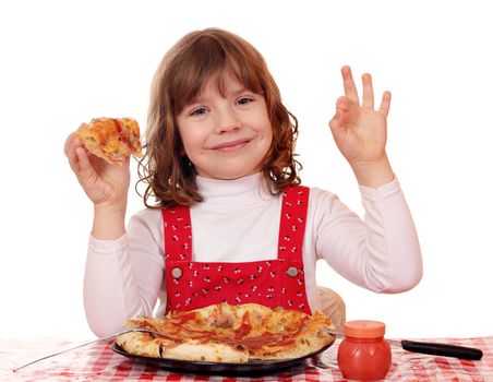 hungry little girl with pizza and ok hand sign