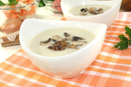 fresh Veal soup with mushrooms on a light background