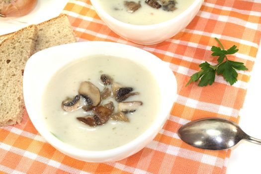 Veal soup with mushrooms on a light background